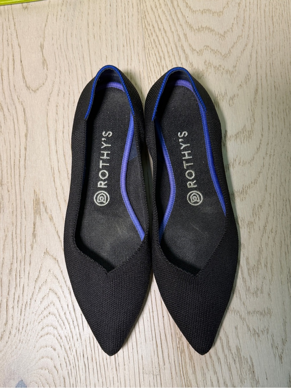 Rothy's Pointed Knit Flats in Black with Blue Accent - Size 9